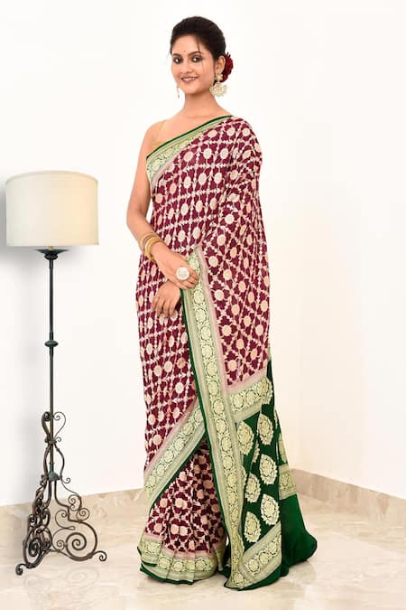 Naaritva India Red Handloom Cotton Checkered Woven Banarasi Saree With Running Blouse Online at Aza Fashions Naaritva India_Red Handloom Cotton Checkered Woven Banarasi Saree With Running Blouse _Online_at_Aza_Fashions