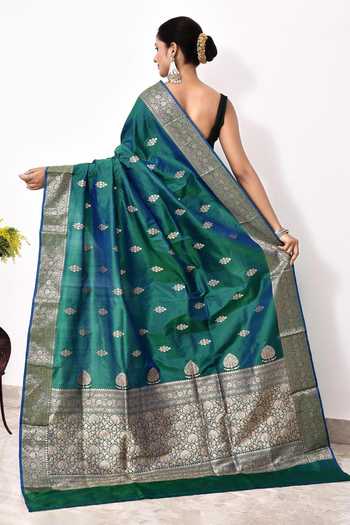 Shop Naaritva Banaras Green Kota Doria Floral Kadwa Woven Banarasi Saree With Running Blouse at Aza Fashions Shop_Naaritva Banaras_Green Kota Doria Floral Kadwa Woven Banarasi Saree With Running Blouse _at_Aza_Fashions