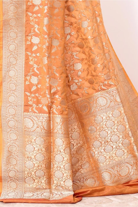 Buy_Naaritva India_Gold Kota Doria Embroidery Floral Vine Woven Banarasi Saree With Running Blouse _Online_at_Aza_Fashions