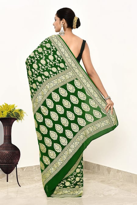 Shop Naaritva India Green Handloom Cotton Floral Handwoven Banarasi Saree With Running Blouse at Aza Fashions Shop_Naaritva India_Green Handloom Cotton Floral Handwoven Banarasi Saree With Running Blouse _at_Aza_Fashions