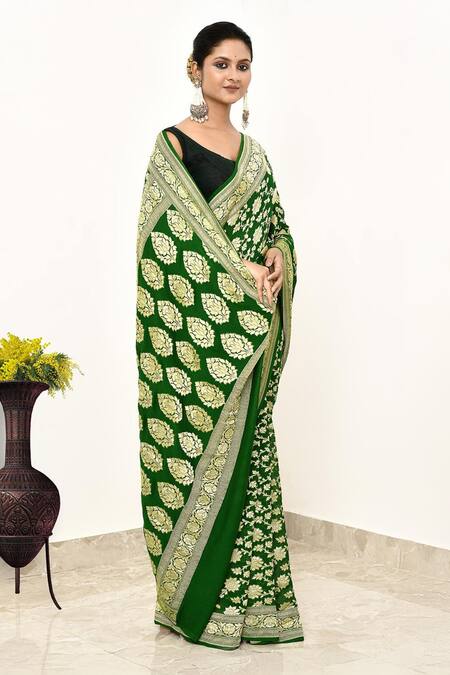 Naaritva India Green Handloom Cotton Floral Handwoven Banarasi Saree With Running Blouse Online at Aza Fashions Naaritva India_Green Handloom Cotton Floral Handwoven Banarasi Saree With Running Blouse _Online_at_Aza_Fashions