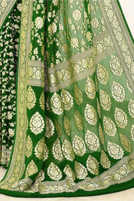 Buy Naaritva India Green Handloom Cotton Floral Handwoven Banarasi Saree With Running Blouse Online at Aza Fashions Buy_Naaritva India_Green Handloom Cotton Floral Handwoven Banarasi Saree With Running Blouse _Online_at_Aza_Fashions
