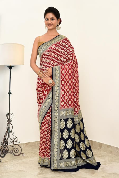 Naaritva India Red Handloom Cotton Handwoven Floral Pattern Saree With Running Blouse 