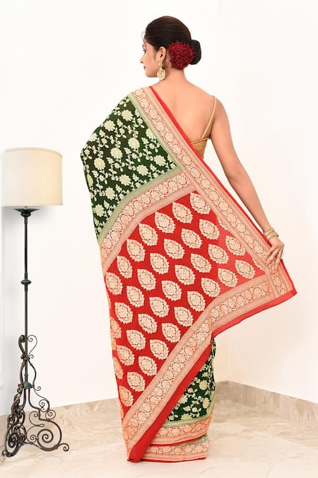 Shop Naaritva India Green Handloom Handwoven Floral Pattern Banarasi Saree With Running Blouse at Aza Fashions Shop_Naaritva India_Green Handloom Handwoven Floral Pattern Banarasi Saree With Running Blouse _at_Aza_Fashions
