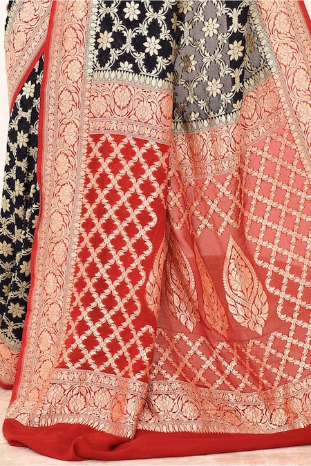 Buy_Naaritva India_Blue Handloom Cotton Floral Bloom Handwoven Banarasi Saree With Running Blouse _Online_at_Aza_Fashions