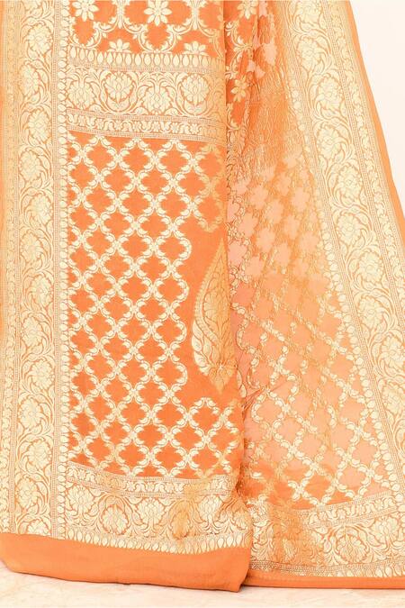 Buy_Naaritva India_Orange Handloom Cotton Floral Geometric Woven Banarasi Saree With Running Blouse _Online_at_Aza_Fashions