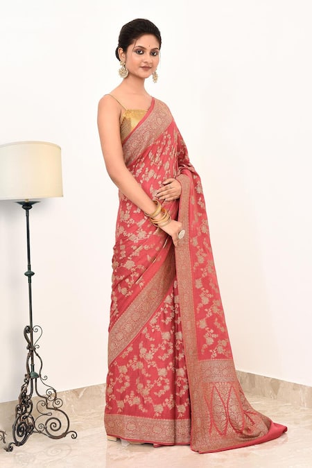 Naaritva India_Coral Handloom Cotton Embroidery Woven Banarasi Saree With Running Blouse _Online_at_Aza_Fashions