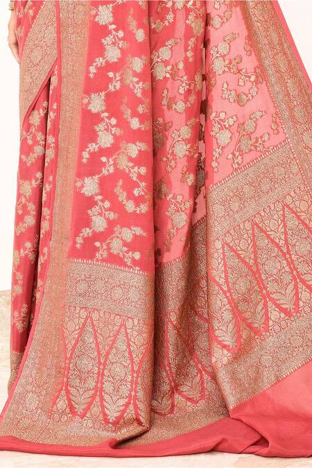 Buy_Naaritva India_Coral Handloom Cotton Embroidery Woven Banarasi Saree With Running Blouse _Online_at_Aza_Fashions