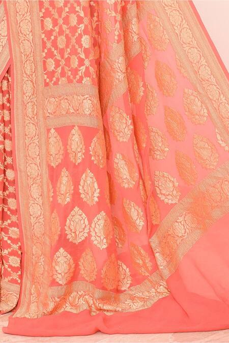 Buy Naaritva India Peach Handloom Floral Geometric Pattern Banarasi Saree With Running Blouse Online at Aza Fashions Buy_Naaritva India_Peach Handloom Floral Geometric Pattern Banarasi Saree With Running Blouse _Online_at_Aza_Fashions