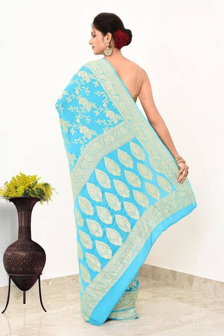 Shop Naaritva India Blue Chiffon Embroidery Floral Vine Handwoven Banarasi Saree With Running Blouse at Aza Fashions Shop_Naaritva India_Blue Chiffon Embroidery Floral Vine Handwoven Banarasi Saree With Running Blouse _at_Aza_Fashions