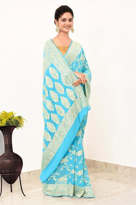 Naaritva India Blue Chiffon Embroidery Floral Vine Handwoven Banarasi Saree With Running Blouse Online at Aza Fashions Naaritva India_Blue Chiffon Embroidery Floral Vine Handwoven Banarasi Saree With Running Blouse _Online_at_Aza_Fashions