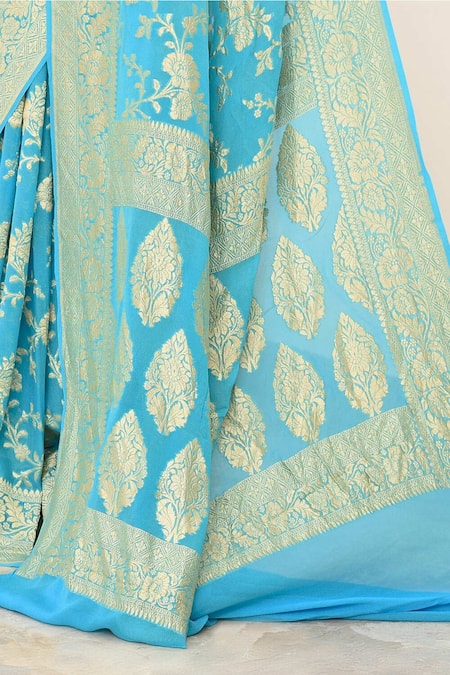 Buy Naaritva India Blue Chiffon Embroidery Floral Vine Handwoven Banarasi Saree With Running Blouse Online at Aza Fashions Buy_Naaritva India_Blue Chiffon Embroidery Floral Vine Handwoven Banarasi Saree With Running Blouse _Online_at_Aza_Fashions
