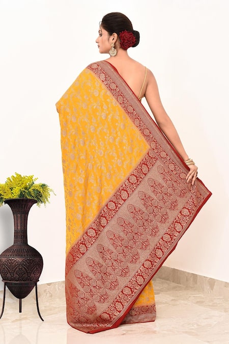 Shop Naaritva India Yellow Handloom Cotton Embroidery Handwoven Banarasi Saree With Running Blouse at Aza Fashions Shop_Naaritva India_Yellow Handloom Cotton Embroidery Handwoven Banarasi Saree With Running Blouse _at_Aza_Fashions