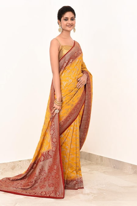 Naaritva India Yellow Handloom Cotton Embroidery Handwoven Banarasi Saree With Running Blouse Online at Aza Fashions Naaritva India_Yellow Handloom Cotton Embroidery Handwoven Banarasi Saree With Running Blouse _Online_at_Aza_Fashions
