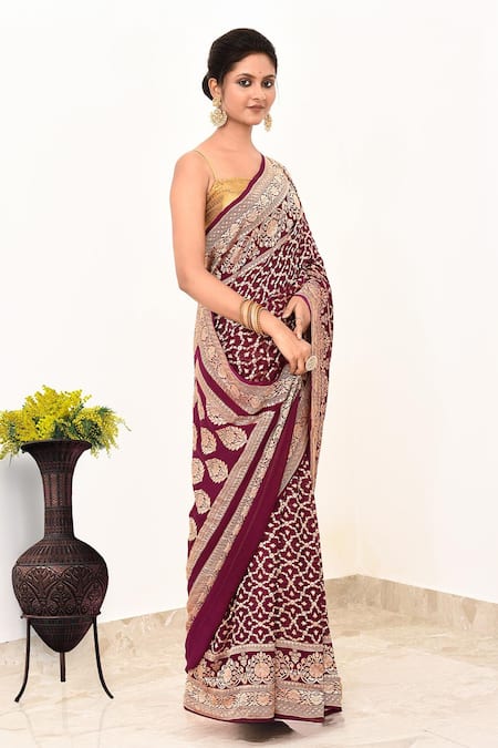 Naaritva India Wine Handloom Abstract Pattern Handwoven Banarasi Saree With Running Blouse Online at Aza Fashions Naaritva India_Wine Handloom Abstract Pattern Handwoven Banarasi Saree With Running Blouse _Online_at_Aza_Fashions