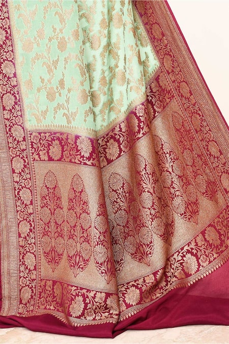 Buy_Naaritva India_Green Handloom Cotton Handwoven Floral Banarasi Saree With Running Blouse _Online_at_Aza_Fashions