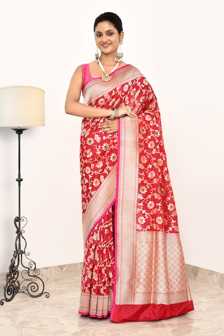 Naaritva India Pink Katan Handwoven Floral Saree With Running Blouse 