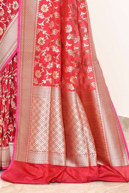 Buy_Naaritva India_Red Kota Doria Floral Handwoven Banarasi Saree With Running Blouse _Online_at_Aza_Fashions