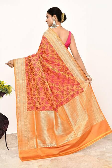 Shop Naaritva India Yellow Kota Doria Handwoven Floral Pattern Banarasi Saree With Running Blouse at Aza Fashions Shop_Naaritva India_Yellow Kota Doria Handwoven Floral Pattern Banarasi Saree With Running Blouse_at_Aza_Fashions