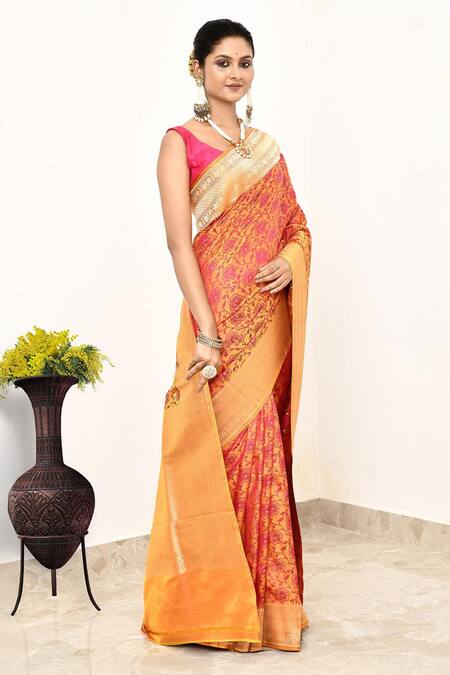 Naaritva India Yellow Kota Doria Handwoven Floral Pattern Banarasi Saree With Running Blouse Online at Aza Fashions Naaritva India_Yellow Kota Doria Handwoven Floral Pattern Banarasi Saree With Running Blouse_Online_at_Aza_Fashions