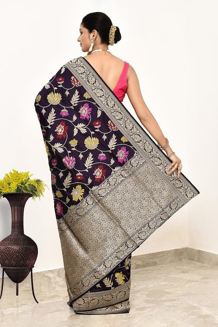 Shop Naaritva India Wine Kota Doria Embroidery Handwoven Katan Banarasi Saree With Running Blouse at Aza Fashions Shop_Naaritva India_Wine Kota Doria Embroidery Handwoven Katan Banarasi Saree With Running Blouse _at_Aza_Fashions