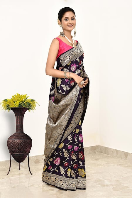 Naaritva India Wine Kota Doria Embroidery Handwoven Katan Banarasi Saree With Running Blouse Online at Aza Fashions Naaritva India_Wine Kota Doria Embroidery Handwoven Katan Banarasi Saree With Running Blouse _Online_at_Aza_Fashions