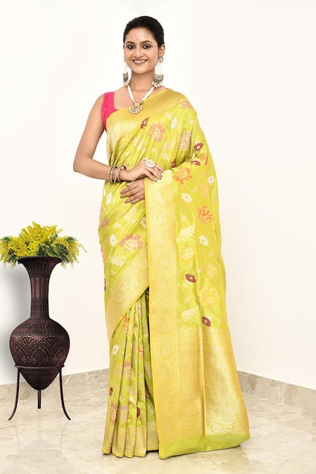 Naaritva India Yellow Katan Handwoven Saree With Running Blouse 