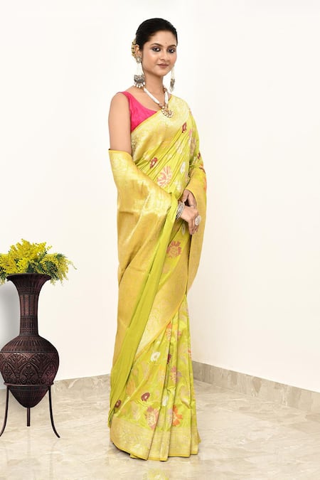 Naaritva India_Yellow Silk, Kota Doria Embroidery Handwoven Banarasi Saree With Running Blouse _Online_at_Aza_Fashions