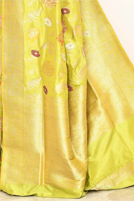 Buy_Naaritva India_Yellow Silk, Kota Doria Embroidery Handwoven Banarasi Saree With Running Blouse _Online_at_Aza_Fashions