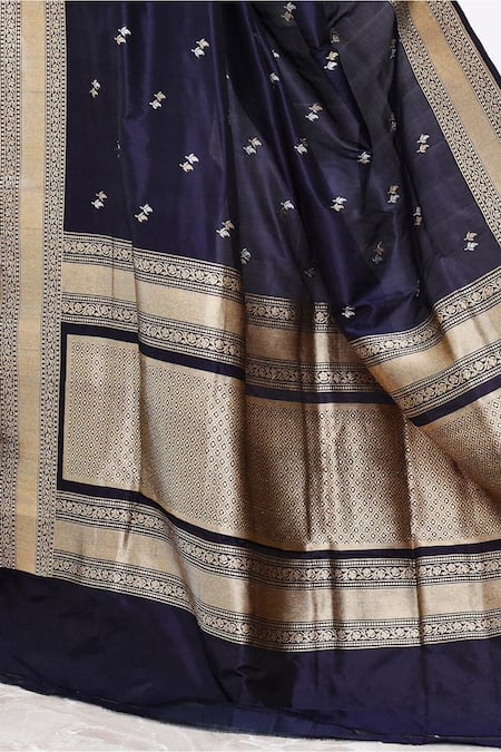 Naaritva India_Blue Kota Doria Zari Floral Veil Border Banarasi Saree With Running Blouse _Online_at_Aza_Fashions