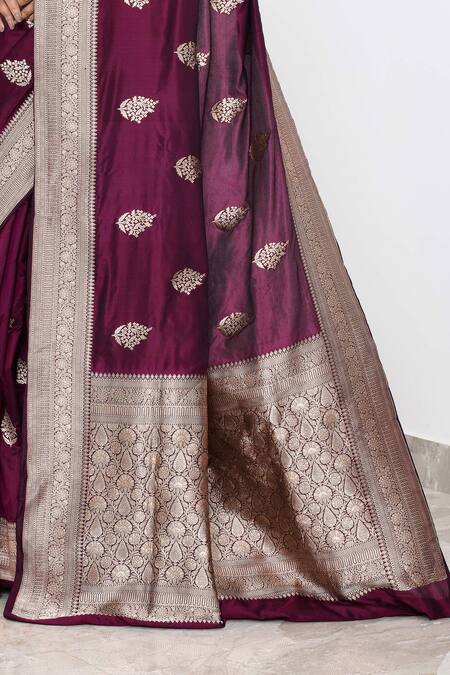 Buy_Naaritva India_Wine Kota Doria Embroidery Floret Pattern Banarasi Saree With Running Blouse _Online_at_Aza_Fashions