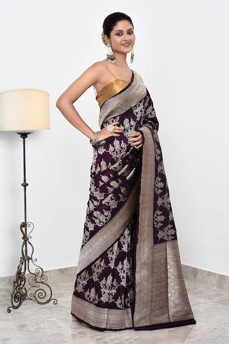Naaritva India_Wine Kota Doria Zari Alafi Jall Detailed Banarasi Saree With Running Blouse _Online_at_Aza_Fashions