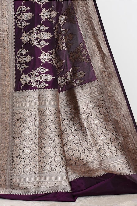 Buy_Naaritva India_Wine Kota Doria Zari Alafi Jall Detailed Banarasi Saree With Running Blouse _Online_at_Aza_Fashions