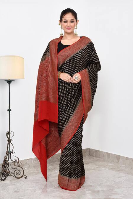 Naaritva India_Black Crepe Embroidery Contrast Floral Butti Banarasi Saree With Running Blouse _Online_at_Aza_Fashions
