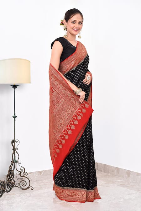 Naaritva India_Black Crepe Contrast Floral Veli Detailed Banarasi Saree With Running Blouse _Online_at_Aza_Fashions