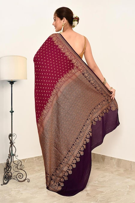 Shop Naaritva India Pink Crepe Zari Floret Butti Detailed Banarasi Saree With Running Blouse at Aza Fashions Shop_Naaritva India_Pink Crepe Zari Floret Butti Detailed Banarasi Saree With Running Blouse _at_Aza_Fashions