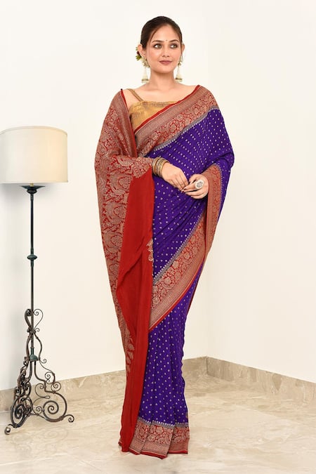 Naaritva India_Blue Crepe Zari, Embroidery Flower Veil Hem Banarasi Saree With Running Blouse _Online_at_Aza_Fashions