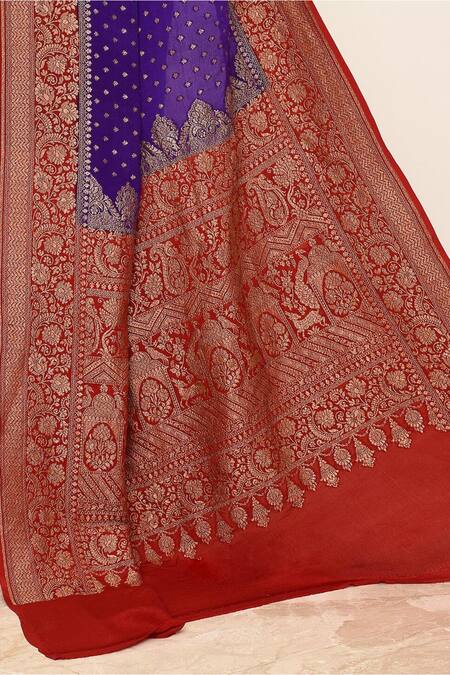 Buy_Naaritva India_Blue Crepe Zari, Embroidery Flower Veil Hem Banarasi Saree With Running Blouse _Online_at_Aza_Fashions