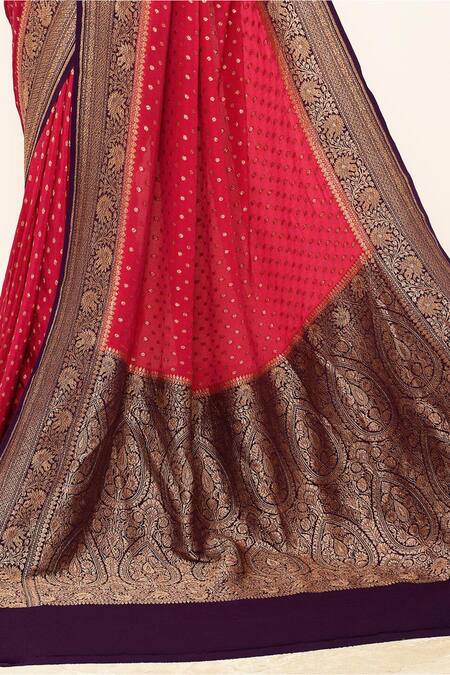 Buy_Naaritva India_Pink Crepe Zari Flower Detailed Hem Banarsi Saree With Running Blouse _Online_at_Aza_Fashions