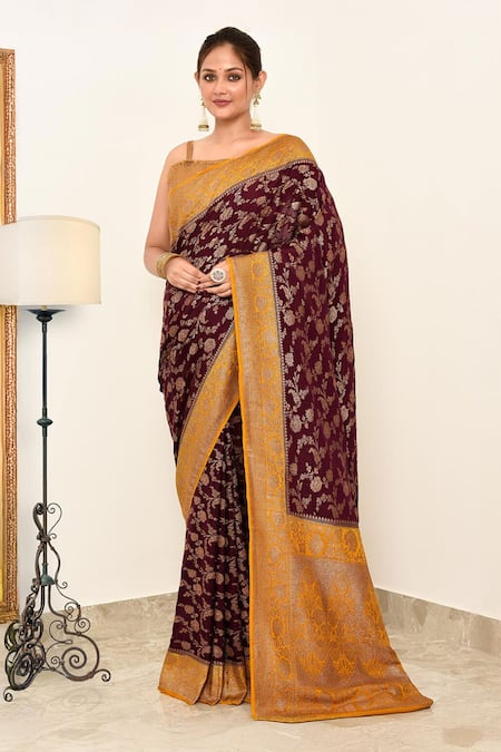 Naaritva India Wine Crepe Handwoven Flower Veil Detailed Saree With Running Blouse 