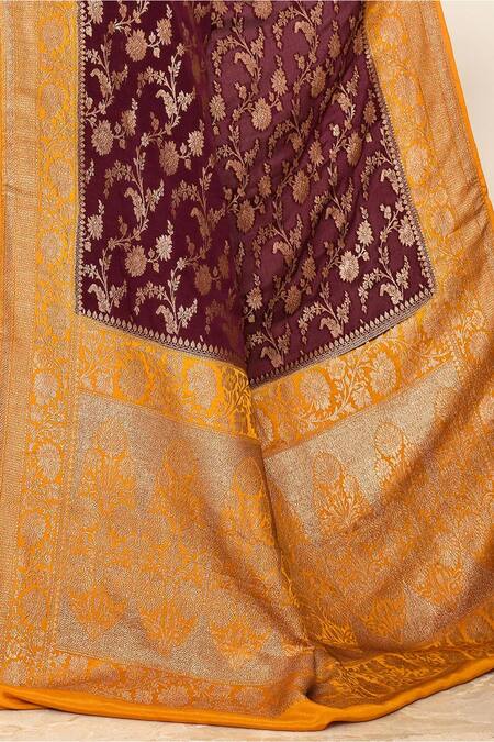 Naaritva India_Wine Crepe Zari Flower Veil Detailed Banarasi Saree With Running Blouse _Online_at_Aza_Fashions