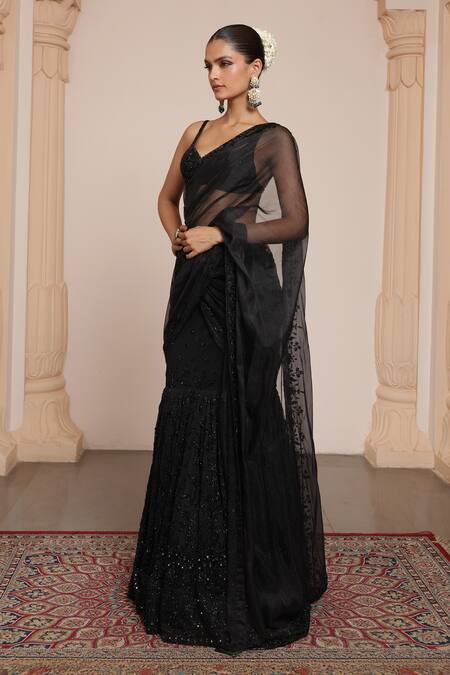 Arpita Mehta_Black Organza, Net Embroidery Musk Bloom Pre-draped Lehenga Saree With Blouse _Online_at_Aza_Fashions