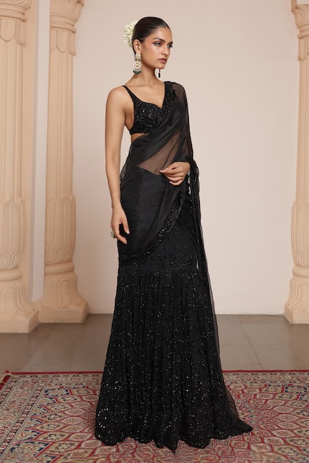 Buy_Arpita Mehta_Black Organza, Net Embroidery Musk Bloom Pre-draped Lehenga Saree With Blouse _Online_at_Aza_Fashions