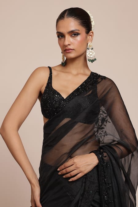 Shop_Arpita Mehta_Black Organza, Net Embroidery Musk Bloom Pre-draped Lehenga Saree With Blouse _Online_at_Aza_Fashions