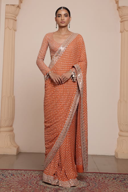 Arpita Mehta Orange Georgette Embroidery Mirror Scoop Neck Star Buti Saree With Blouse 