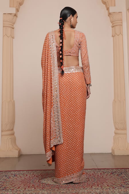 Shop Arpita Mehta Orange Georgette Mirrors, Embroidery Scoop Neck Star Buti Saree With Blouse at Aza Fashions Shop_Arpita Mehta_Orange Georgette Mirrors, Embroidery Scoop Neck Star Buti Saree With Blouse _at_Aza_Fashions