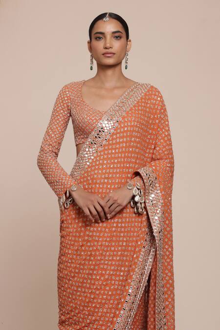 Arpita Mehta Orange Georgette Mirrors, Embroidery Scoop Neck Star Buti Saree With Blouse Online at Aza Fashions Arpita Mehta_Orange Georgette Mirrors, Embroidery Scoop Neck Star Buti Saree With Blouse _Online_at_Aza_Fashions