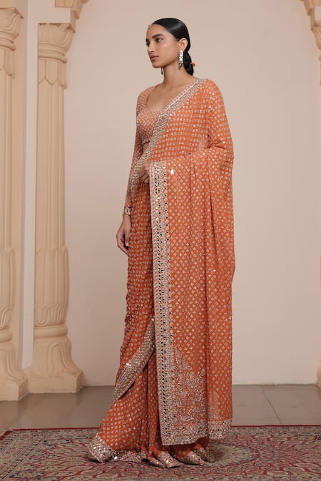 Buy Arpita Mehta Orange Georgette Mirrors, Embroidery Scoop Neck Star Buti Saree With Blouse Online at Aza Fashions Buy_Arpita Mehta_Orange Georgette Mirrors, Embroidery Scoop Neck Star Buti Saree With Blouse _Online_at_Aza_Fashions