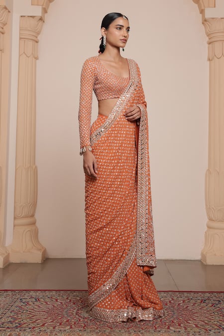 Shop Arpita Mehta Orange Georgette Mirrors, Embroidery Scoop Neck Star Buti Saree With Blouse Online at Aza Fashions Shop_Arpita Mehta_Orange Georgette Mirrors, Embroidery Scoop Neck Star Buti Saree With Blouse _Online_at_Aza_Fashions