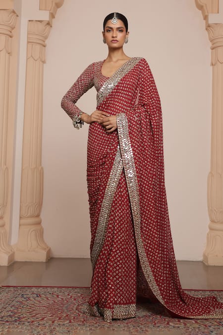 Arpita Mehta Red Georgette Embroidery Mirror Scoop Neck Starlet Buti Saree With Blouse 